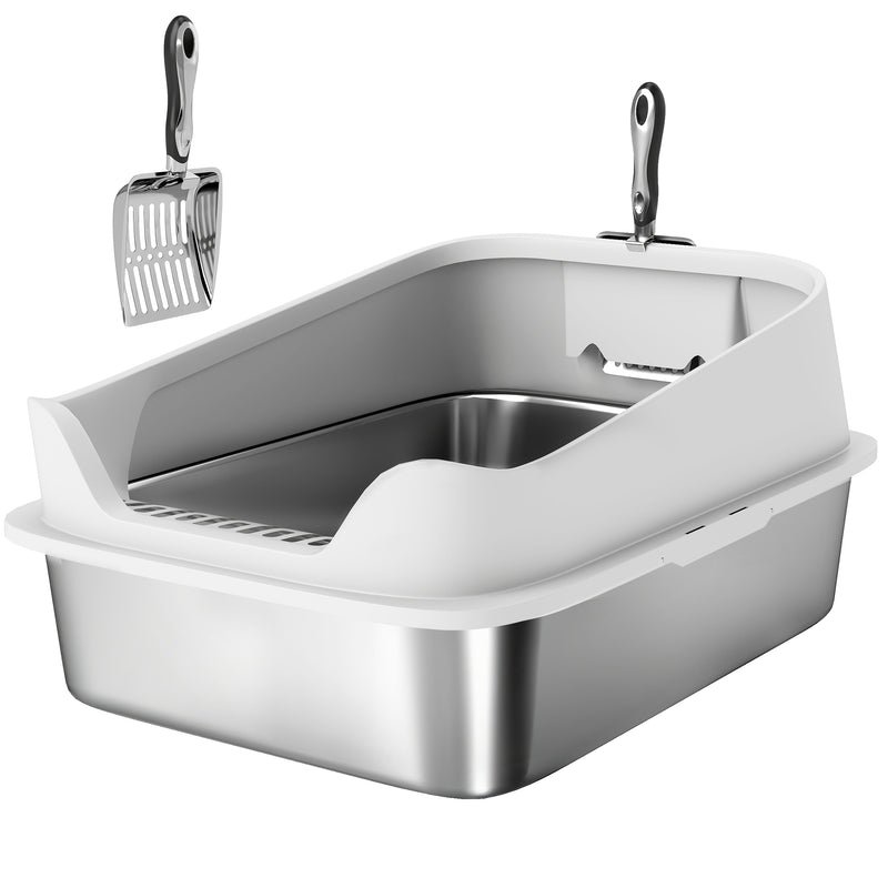 XL Stainless Steel Cat Litter Box with High Sides and Scoop for Easy Cleaning, Silver