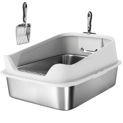 XL Stainless Steel Cat Litter Box with High Sides and Scoop for Easy Cleaning, Silver
