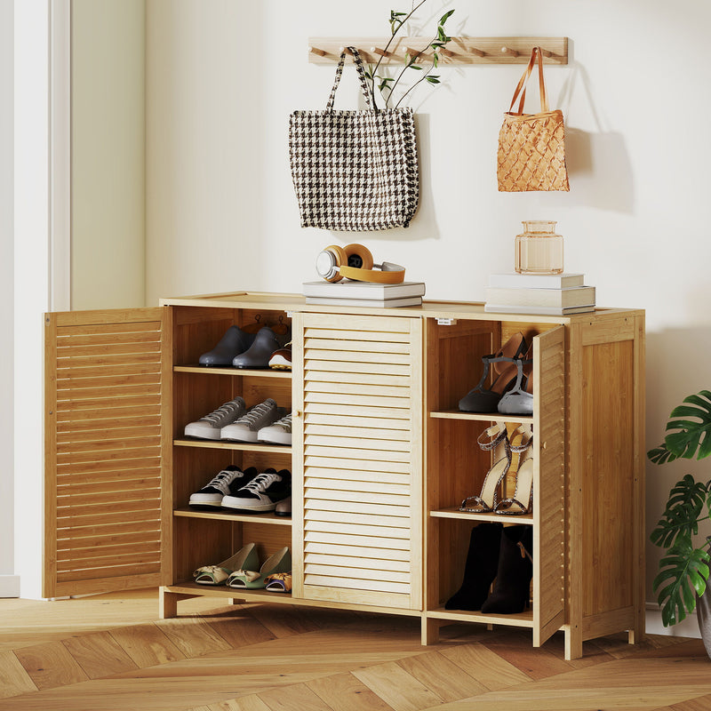 Shoe Storage Cabinet for Hallway with Adjustable Shelves and Louvered Doors Natural Wood Homcom