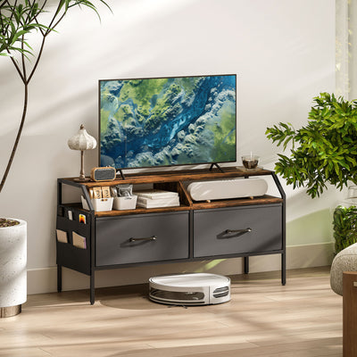 Wooden TV Stand Cabinet With Foldable Drawers And Side Pockets For 55 Inch TVs, Rustic Brown