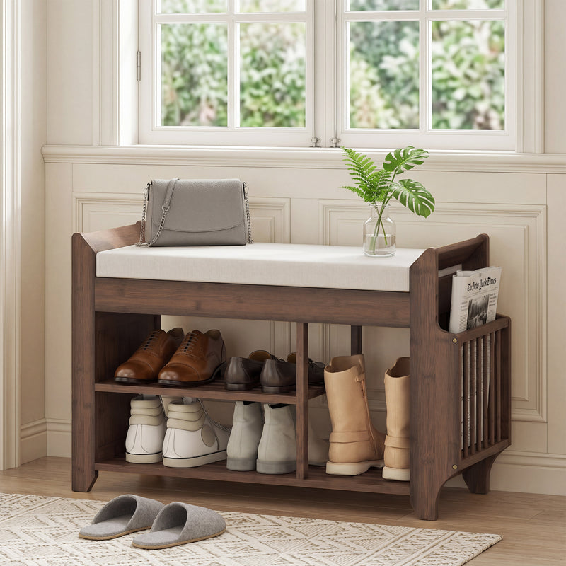 Hallway Shoe Storage Bench with Padded Seat and Side Compartment for Narrow Spaces Cream