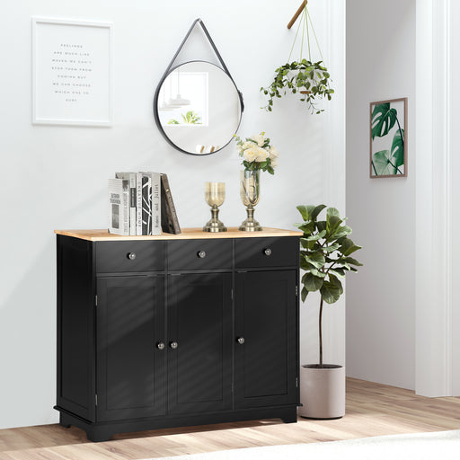 Black Sideboard With Rubberwood Top And Adjustable Shelves For Kitchen Or Dining Room