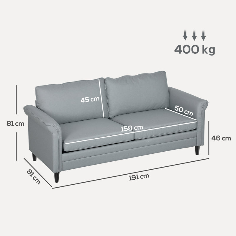 Grey 3 Seater Upholstered Sofa with Spring Cushion and Rubber Wood Legs by HOMCOM