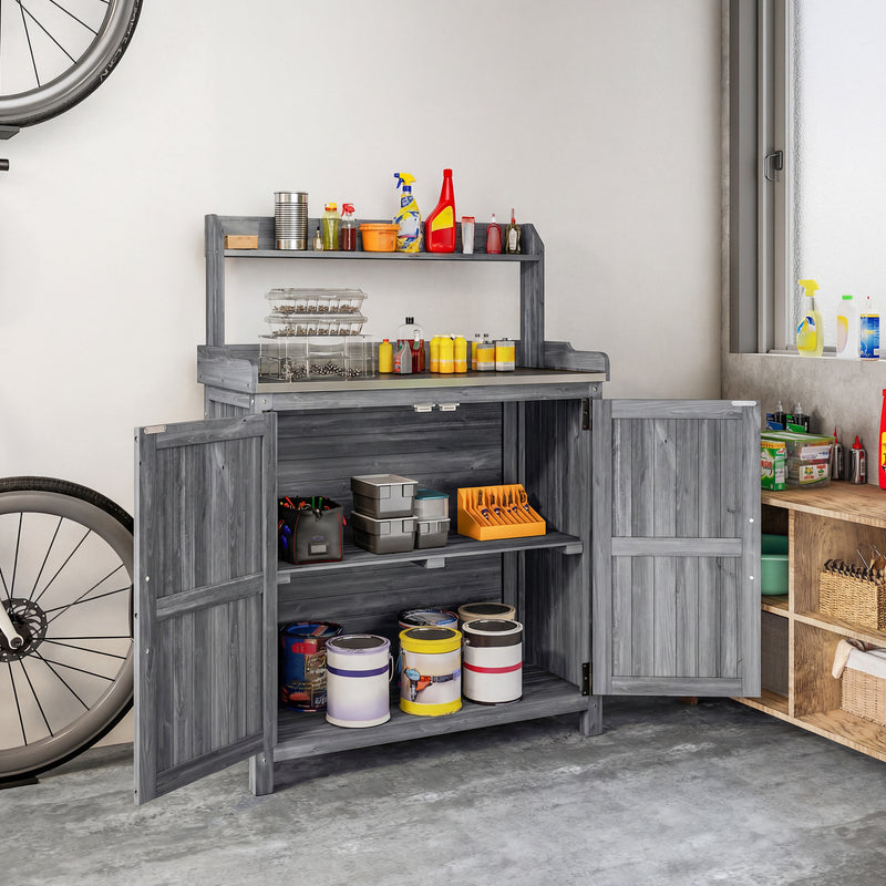 Grey Wooden Garden Potting Bench with Metal Worktop and Storage Cupboard for Outdoor Organisation