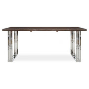 180cm acacia dining table with polished silver looped bases on a plain background