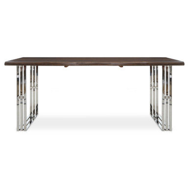 180cm acacia dining table with polished silver looped bases on a plain background
