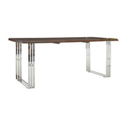 Angled view of the 6 seater acacia wood dining table showing the twin pedestal bases