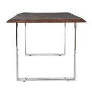 End-on view of the acacia dining table showing clear legroom between the looped bases