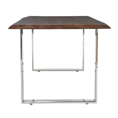 End-on view of the acacia dining table showing clear legroom between the looped bases