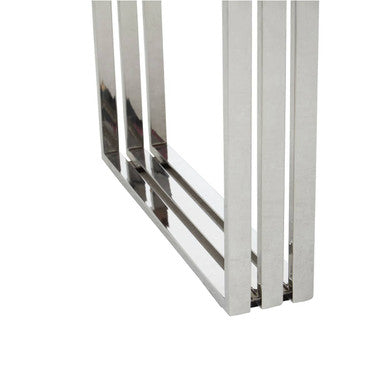 Close-up of the mirror-polished stainless steel looped base