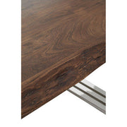 Detail of the join between the acacia tabletop edge and the silver steel base