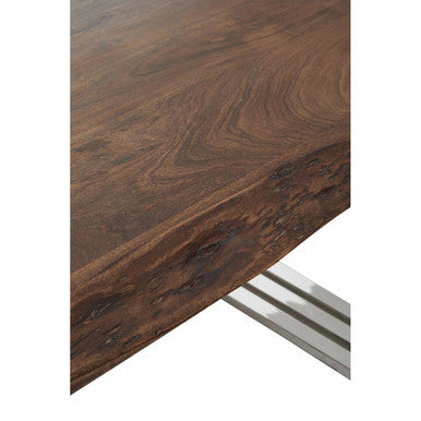 Detail of the join between the acacia tabletop edge and the silver steel base