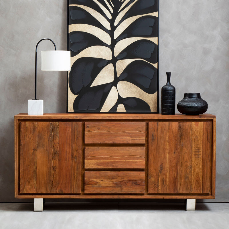 Acacia wood two-door sideboard styled in a living room setting