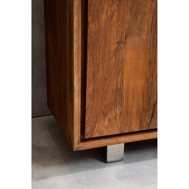 Acacia wood sideboard styled with decor in a living space