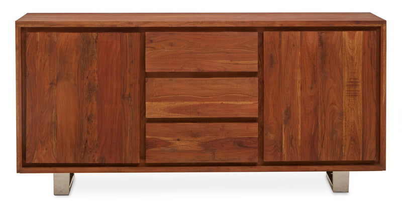 Acacia wood two-door sideboard with 3 drawers, studio shot