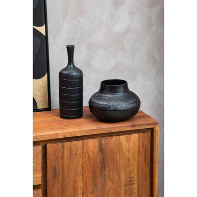 Acacia wood sideboard styled in a dining room setting
