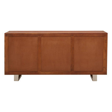 Acacia wood sideboard drawers open, studio shot