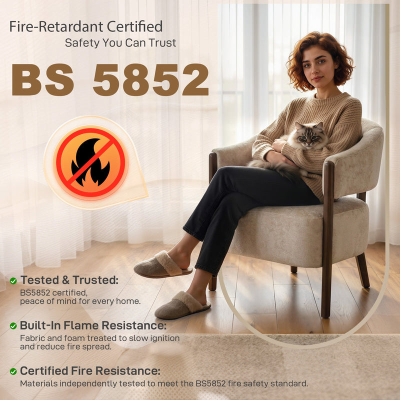Woman relaxing in the accent chair with a cat, BS5852 fire-retardant certified