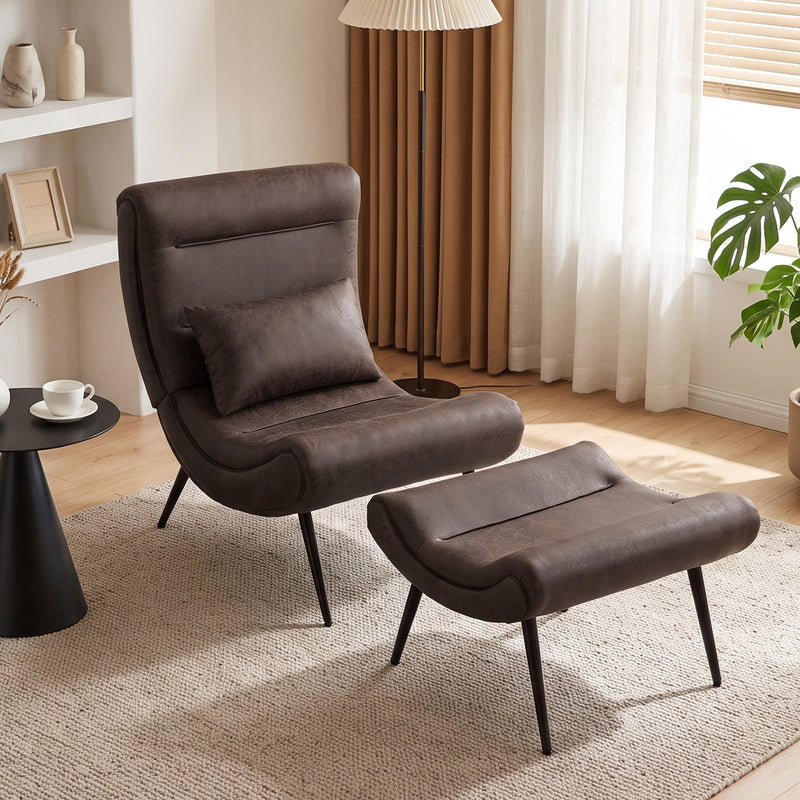 Dark brown accent chair and footstool styled in a living room beside a floor lamp and shelving