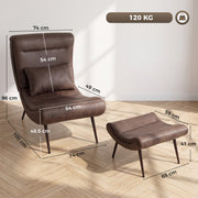Dimension diagram of the accent chair and footstool showing 74cm width, 100cm depth, 96cm height and seat measurements