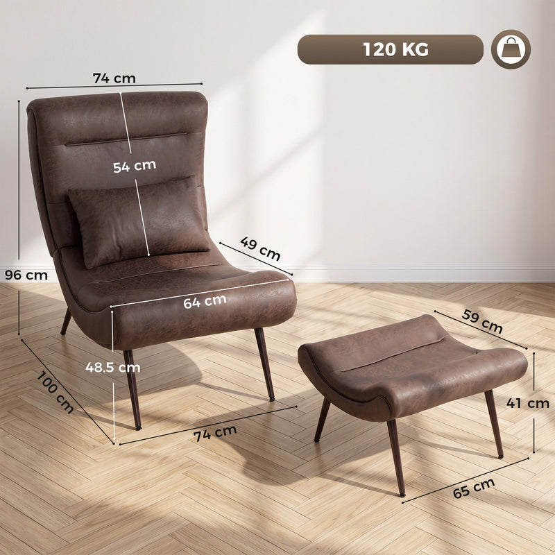Dimension diagram of the accent chair and footstool showing 74cm width, 100cm depth, 96cm height and seat measurements