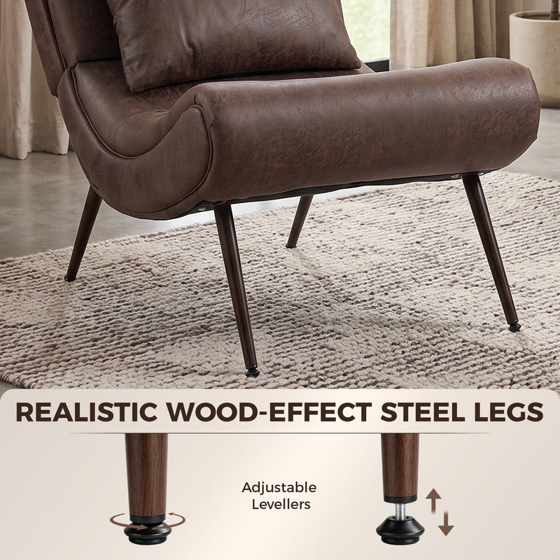 Close-up of the chair's wood-effect steel legs with adjustable levellers