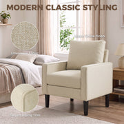 Cream linen-look fabric and piping trim shown close up beside the chair in a bedroom