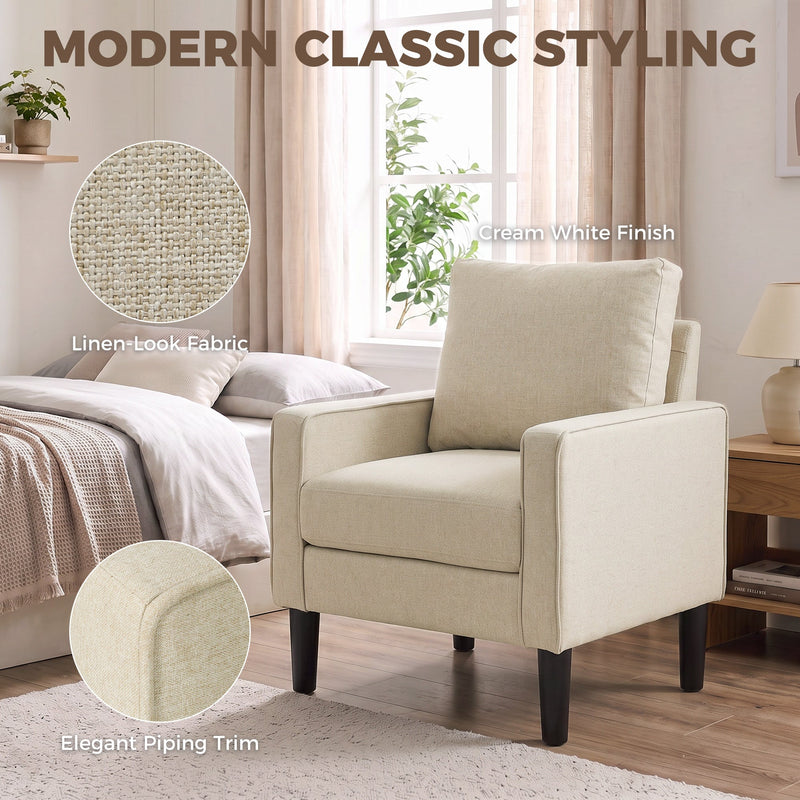 Cream linen-look fabric and piping trim shown close up beside the chair in a bedroom
