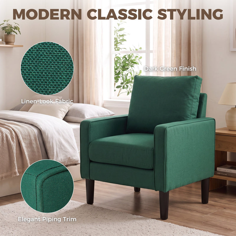 Dark green linen-look fabric and piping trim shown close up beside the chair in a bedroom