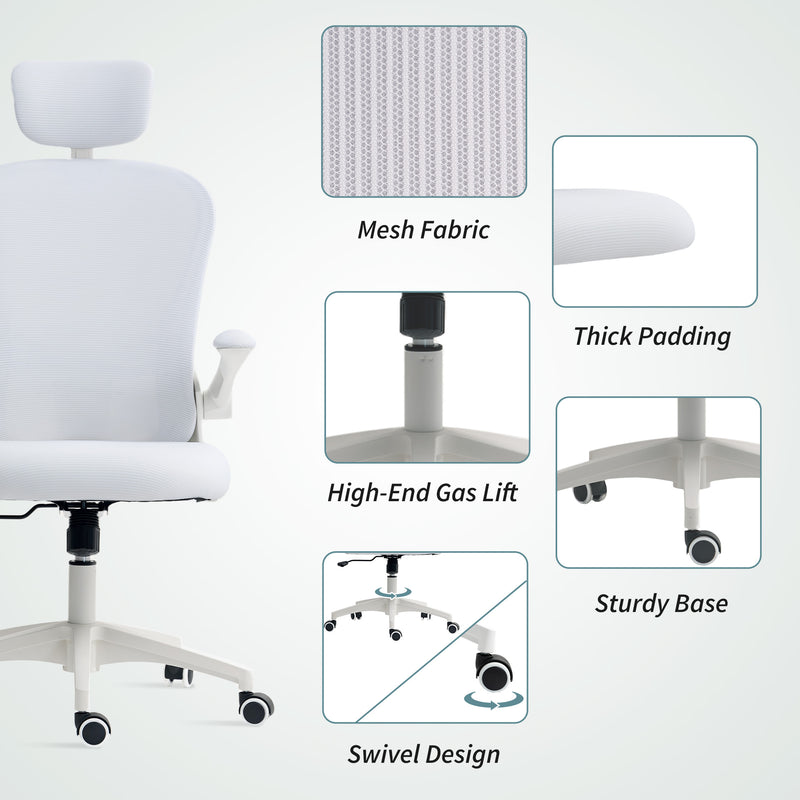 White Ergonomic Mesh Office Chair With Lumbar Support Headrest And Adjustable Design