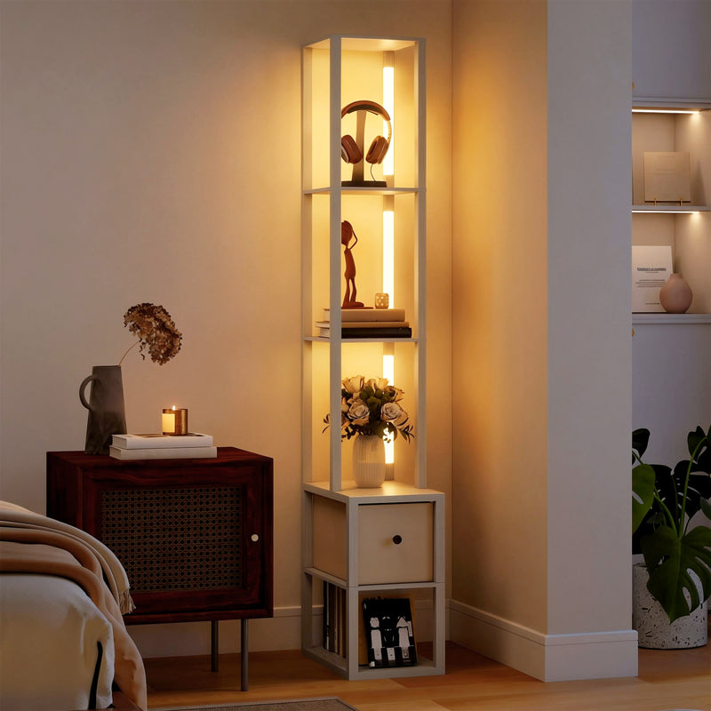 Floor Lamp with Shelves and Adjustable LED for Space Saving Storage