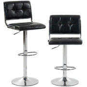 Two black square tufted PU leather bar stools with chrome bases on a white background