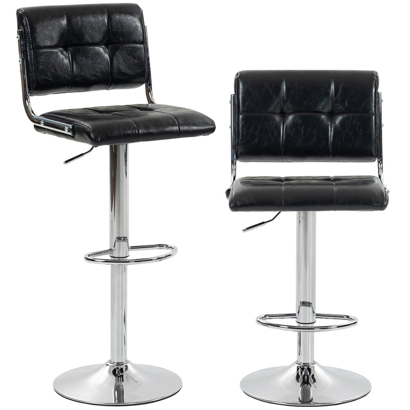 Two black square tufted PU leather bar stools with chrome bases on a white background