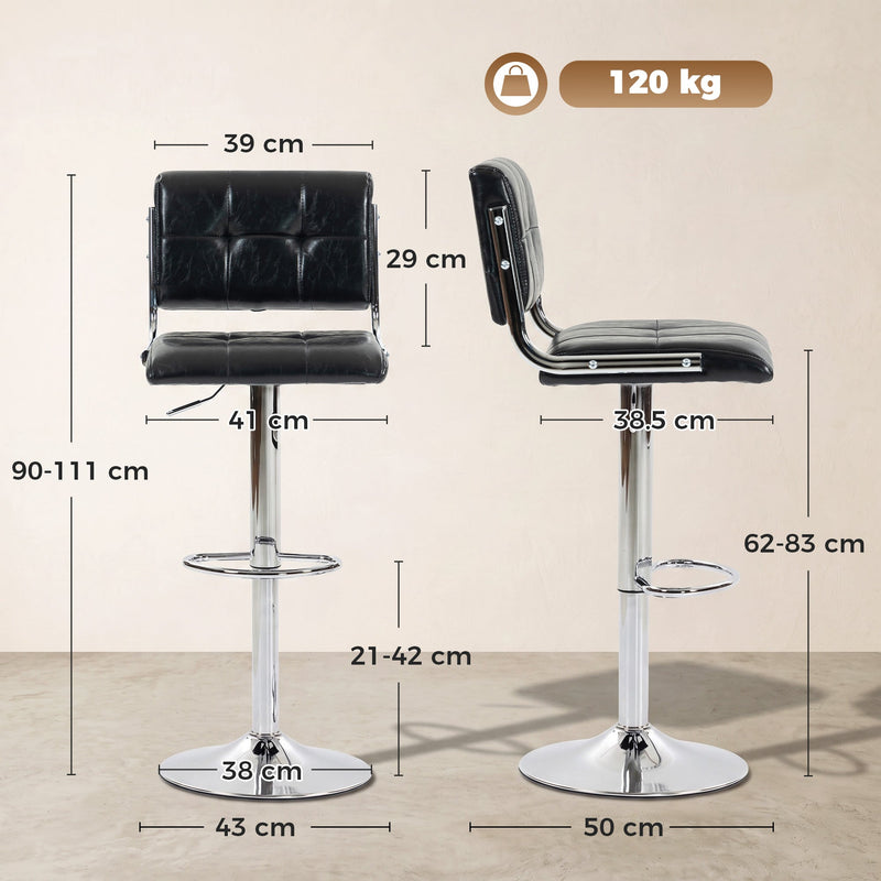 Dimensions diagram showing 43 by 50 cm overall, 90 to 111 cm high and a 62 to 83 cm seat