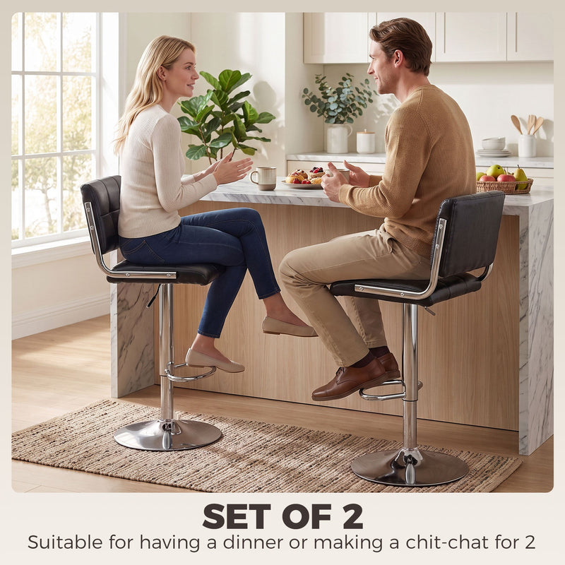 Two people facing each other on the black bar stools at an island, labelled set of 2