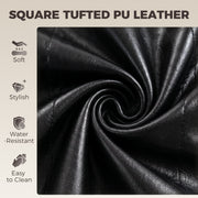 Close-up of black tufted PU leather labelled soft, stylish, water resistant and easy to clean