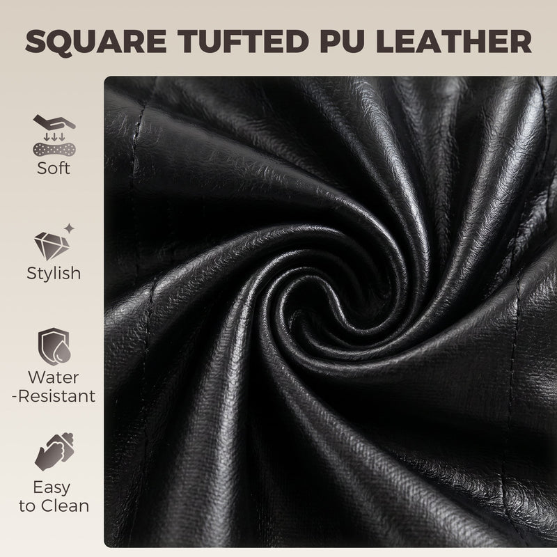 Close-up of black tufted PU leather labelled soft, stylish, water resistant and easy to clean