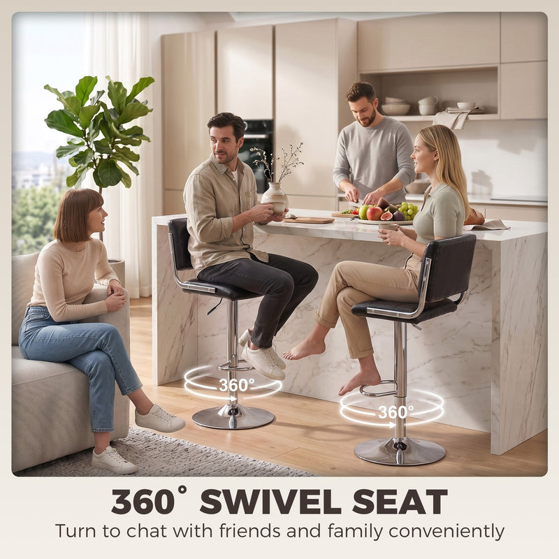 Four people at a marble island with two black stools marked as 360 degree swivel seats