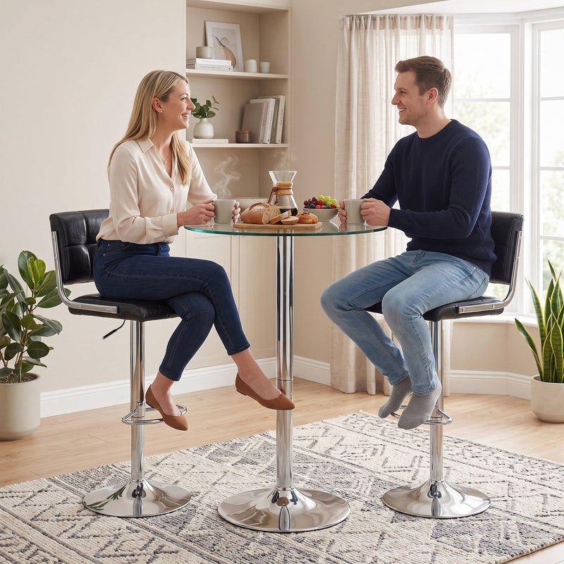 Two black bar stools at a round glass bar table in a living room with houseplants