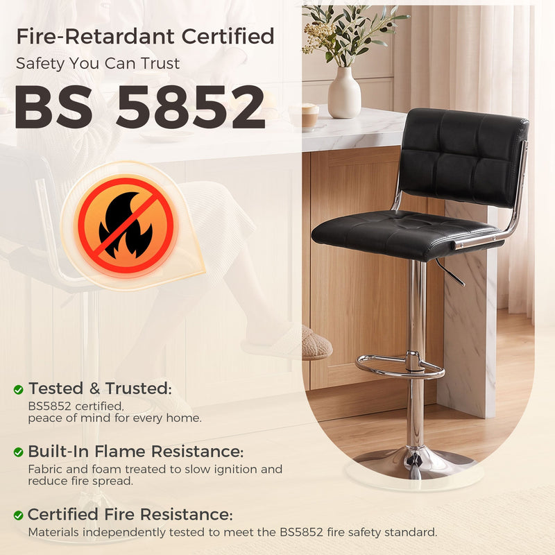 Black bar stool beside a kitchen unit with BS 5852 fire retardant certification details