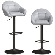 Two grey faux leather bar stools with wraparound backs and black bases on a white background