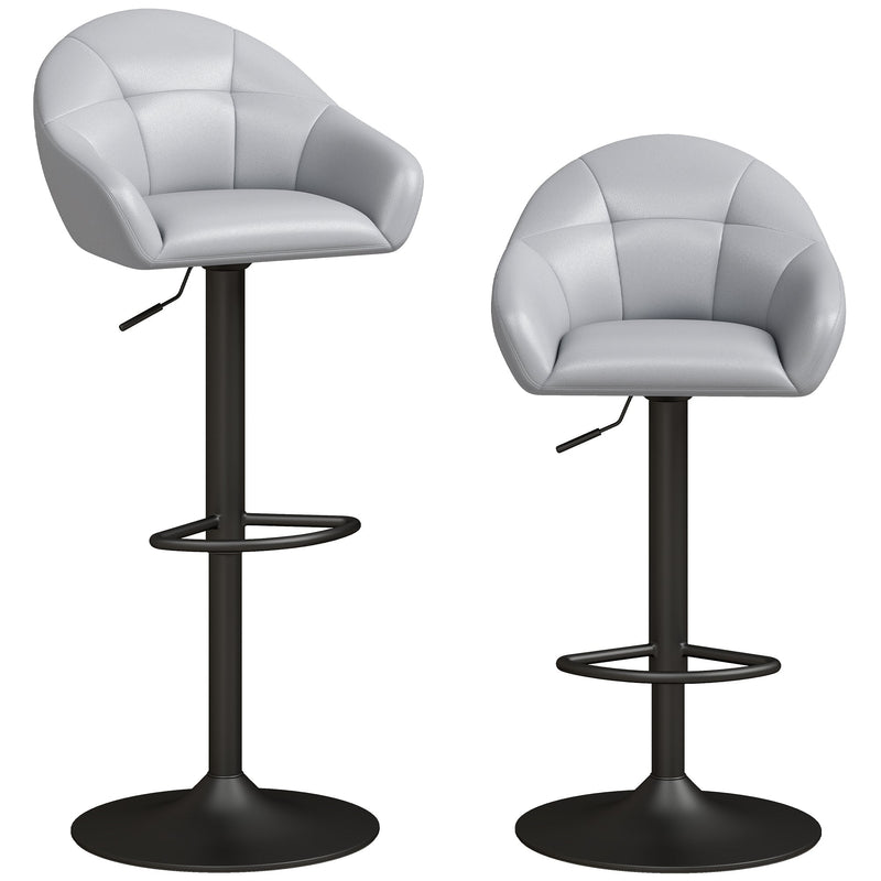 Two grey faux leather bar stools with wraparound backs and black bases on a white background
