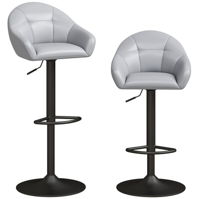 Two grey faux leather bar stools with wraparound backs and black bases on a white background