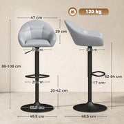 Dimensions diagram showing 49.5 by 48.5 cm overall, 86 to 108 cm high and a 62 to 84 cm seat