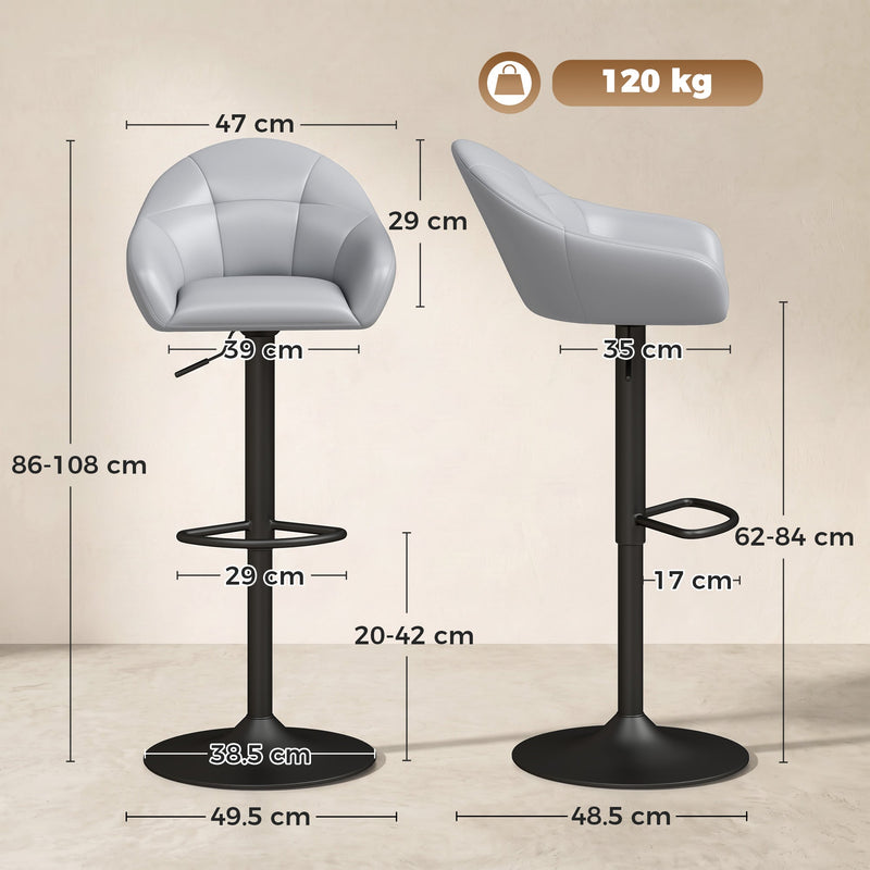 Dimensions diagram showing 49.5 by 48.5 cm overall, 86 to 108 cm high and a 62 to 84 cm seat
