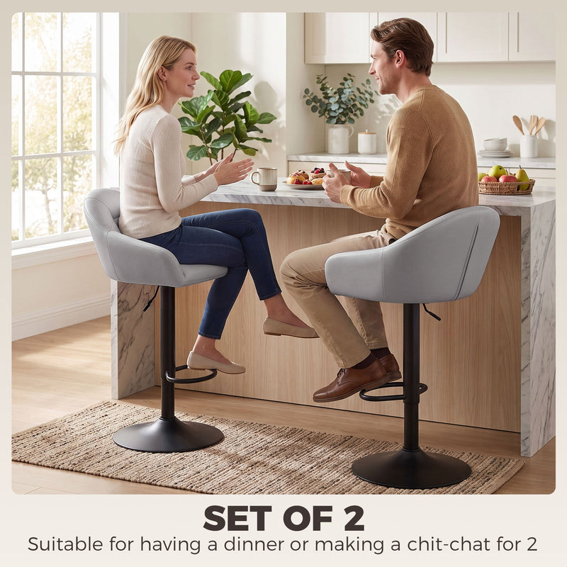 Two people facing each other on the grey bar stools, labelled set of 2 for dinner or a chat