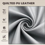 Close-up of quilted grey faux leather labelled soft, stylish, water resistant and wear resistant