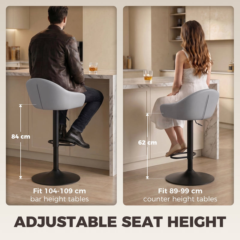 Split image of the grey stool at 84 cm for bar tables and 62 cm for counter height tables