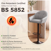 Grey bar stool beside a kitchen unit with BS 5852 fire retardant certification details