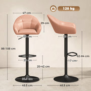 Dimension diagram showing height, seat and base measurements of the blush pink bar stool